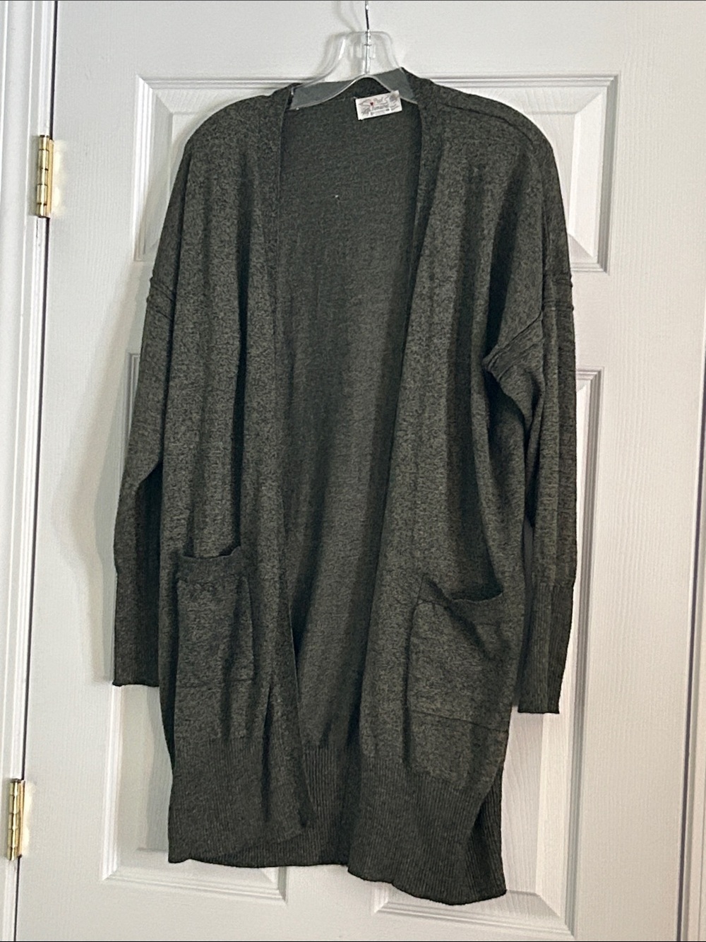 Poof! Olive Gray Open-Front Long Cardigan